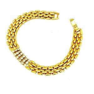 Vintage Gold-Tone Rhinestone Bracelet With Fold Over Clasp & Triple Row Design